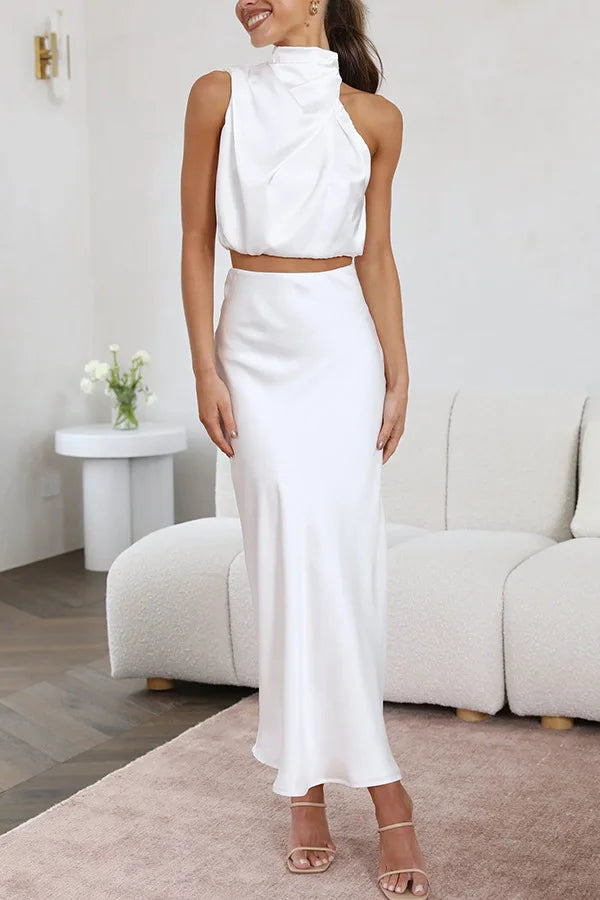 Elara Women's 2-Piece Set | Halter Neck Top with Midi Skirt Elegant Summer Outfit