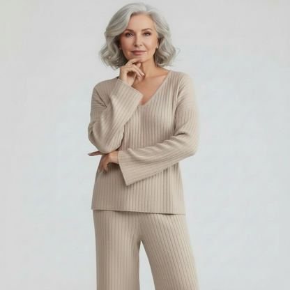 Della women's knit lounge set in beige with V-neck sweater and wide-leg ribbed pants