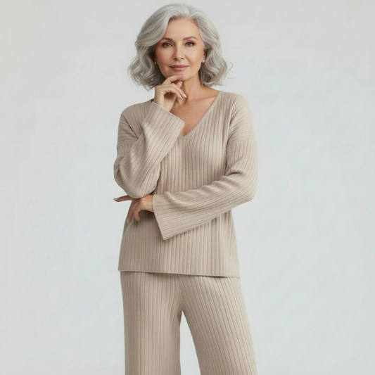 Della women's knit lounge set in beige with V-neck sweater and wide-leg ribbed pants