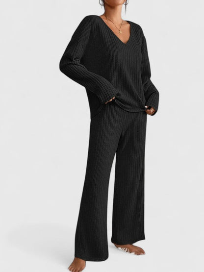 Relaxed fit women's knit lounge set in olive — V-neck top and wide-leg pants