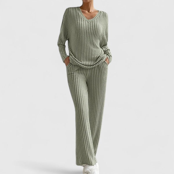 Black women's knit lounge set with flattering dropped shoulder design