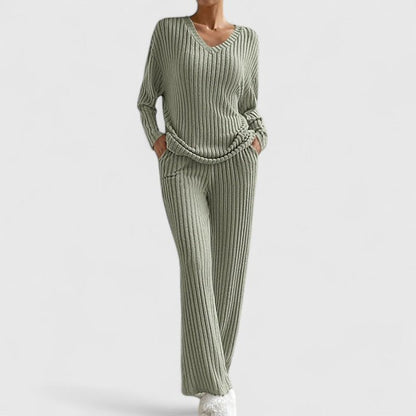 Black women's knit lounge set with flattering dropped shoulder design