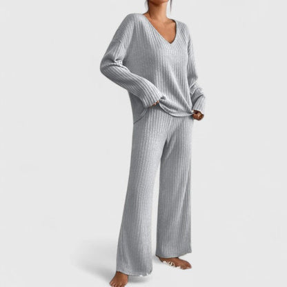 Front view of women's cosy knit lounge set in beige — modern loungewear style