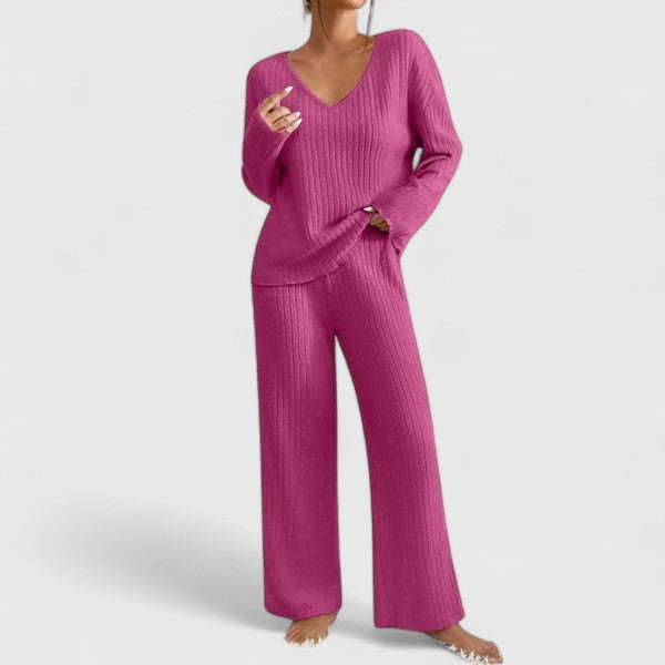 Detail shot of ribbed wide-leg pants from women's knit lounge set in olive