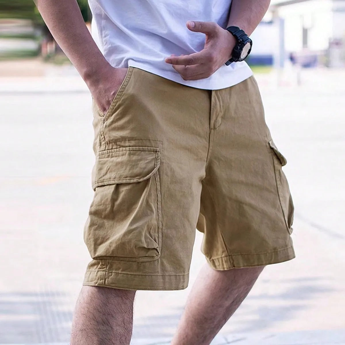 Draven men's cargo shorts with multi-pocket design in brown, green and black