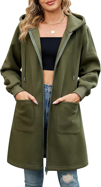 Elvienne women's long hooded cardigan in green with full zip fastening