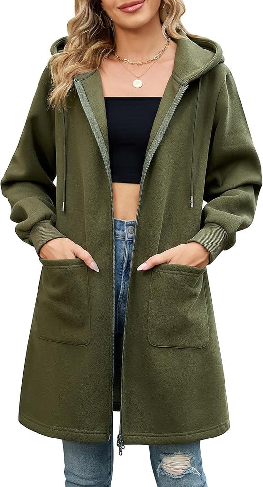Elvienne women's long hooded cardigan in green with full zip fastening