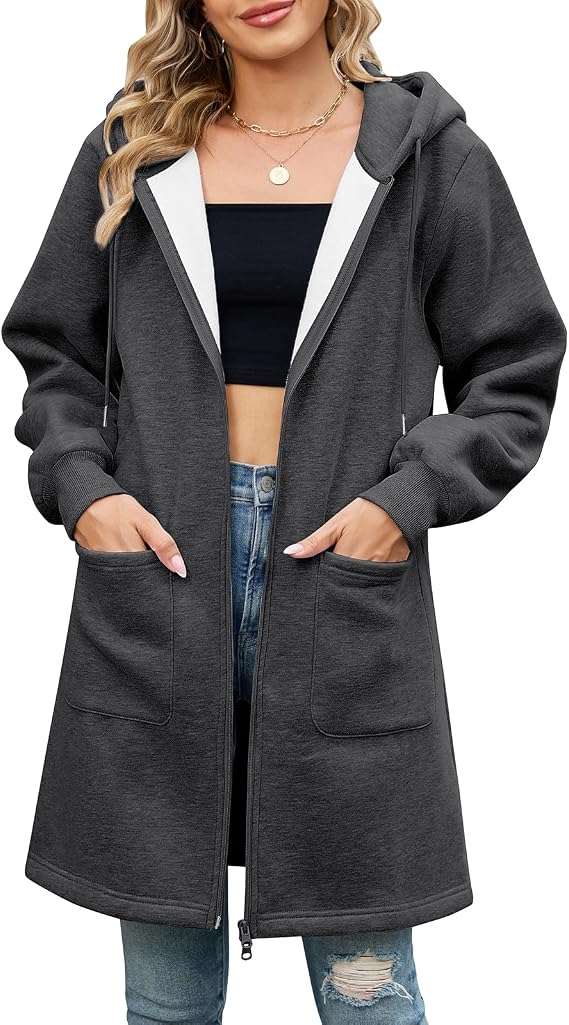Back view of Elvienne women's longline hooded cardigan in grey