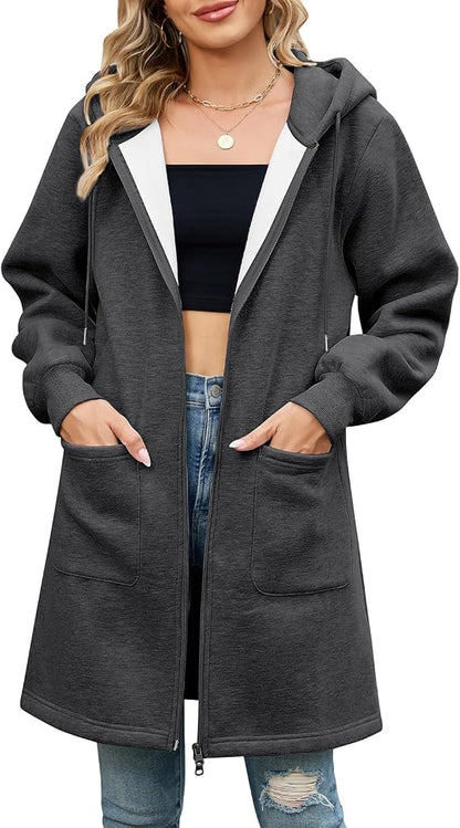 Back view of Elvienne women's longline hooded cardigan in grey