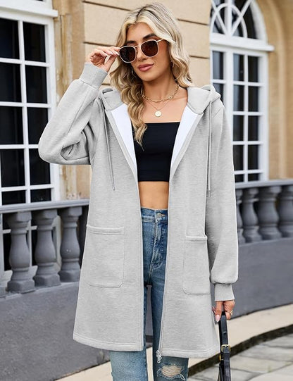 Size comparison of Elvienne long hooded cardigan from S to 2XL