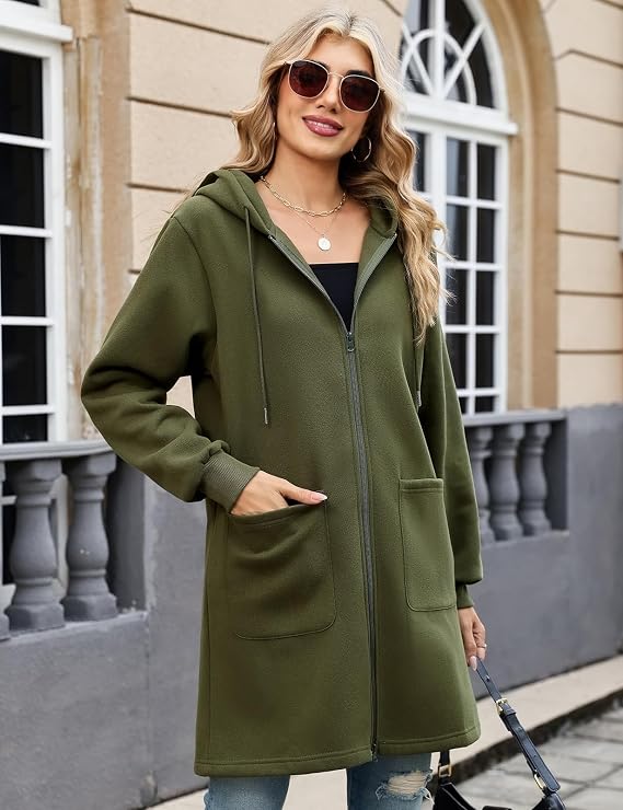 Front view of Elvienne longline cardigan with drawstring hood in black