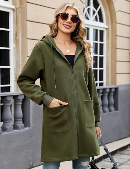 Front view of Elvienne longline cardigan with drawstring hood in black