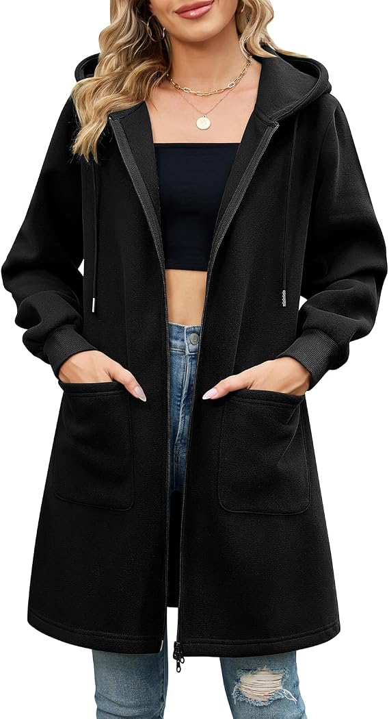 Side view of Elvienne long cardigan showing front pockets in grey