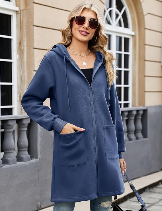 Patch pocket detail on Elvienne long zip-up hooded cardigan in navy