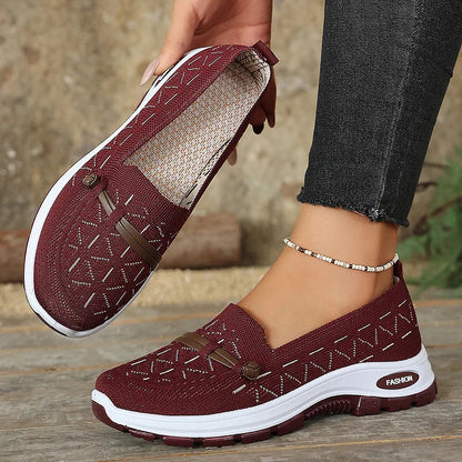 Brown women's slip-on shoes with breathable knit upper and cushioned base