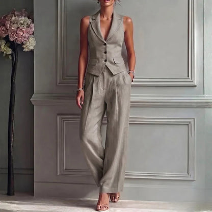 Virelle Women's 2-Piece Set | V-Neck Vest with High-Waist Wide-Leg Trousers