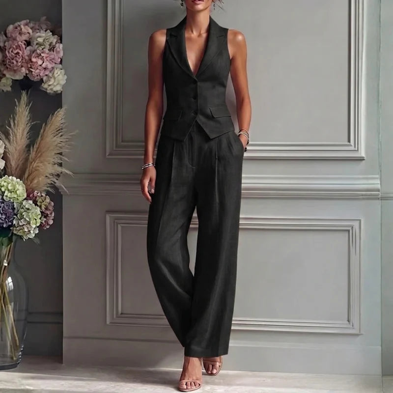 Virelle Women's 2-Piece Set | V-Neck Vest with High-Waist Wide-Leg Trousers