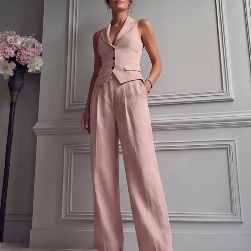 Virelle Women's 2-Piece Set | V-Neck Vest with High-Waist Wide-Leg Trousers