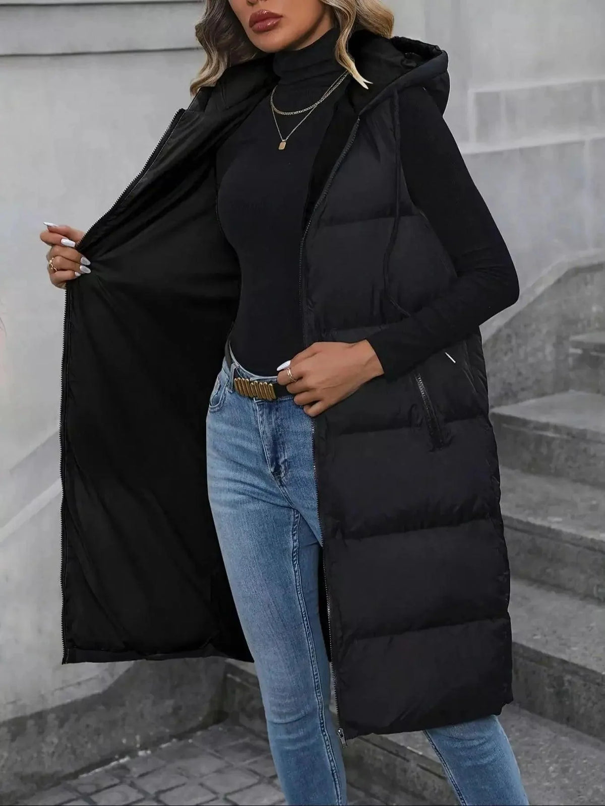 Everly padded hooded vest coat worn as a layering piece