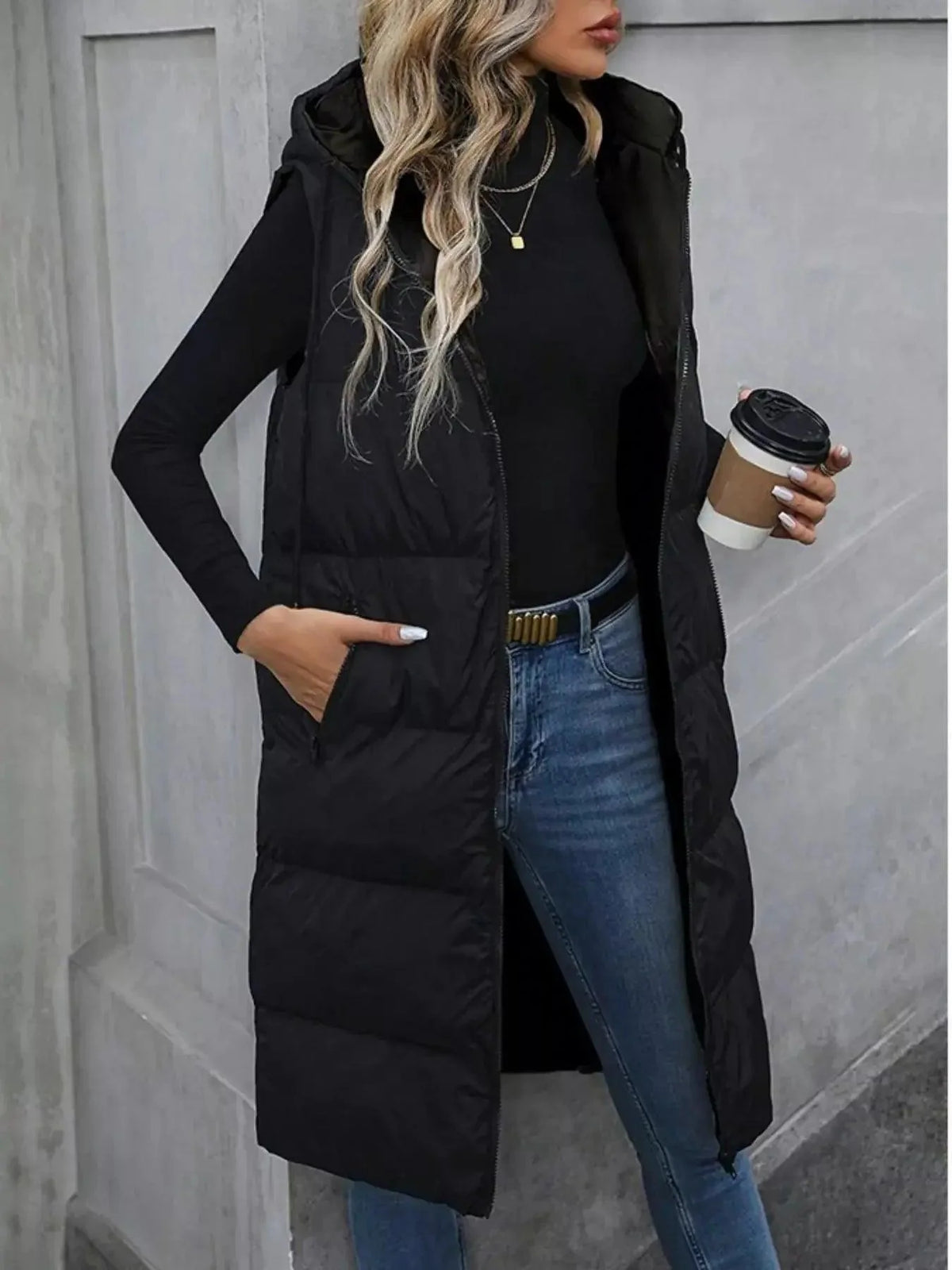 Back view of Everly women's longline padded hooded vest coat