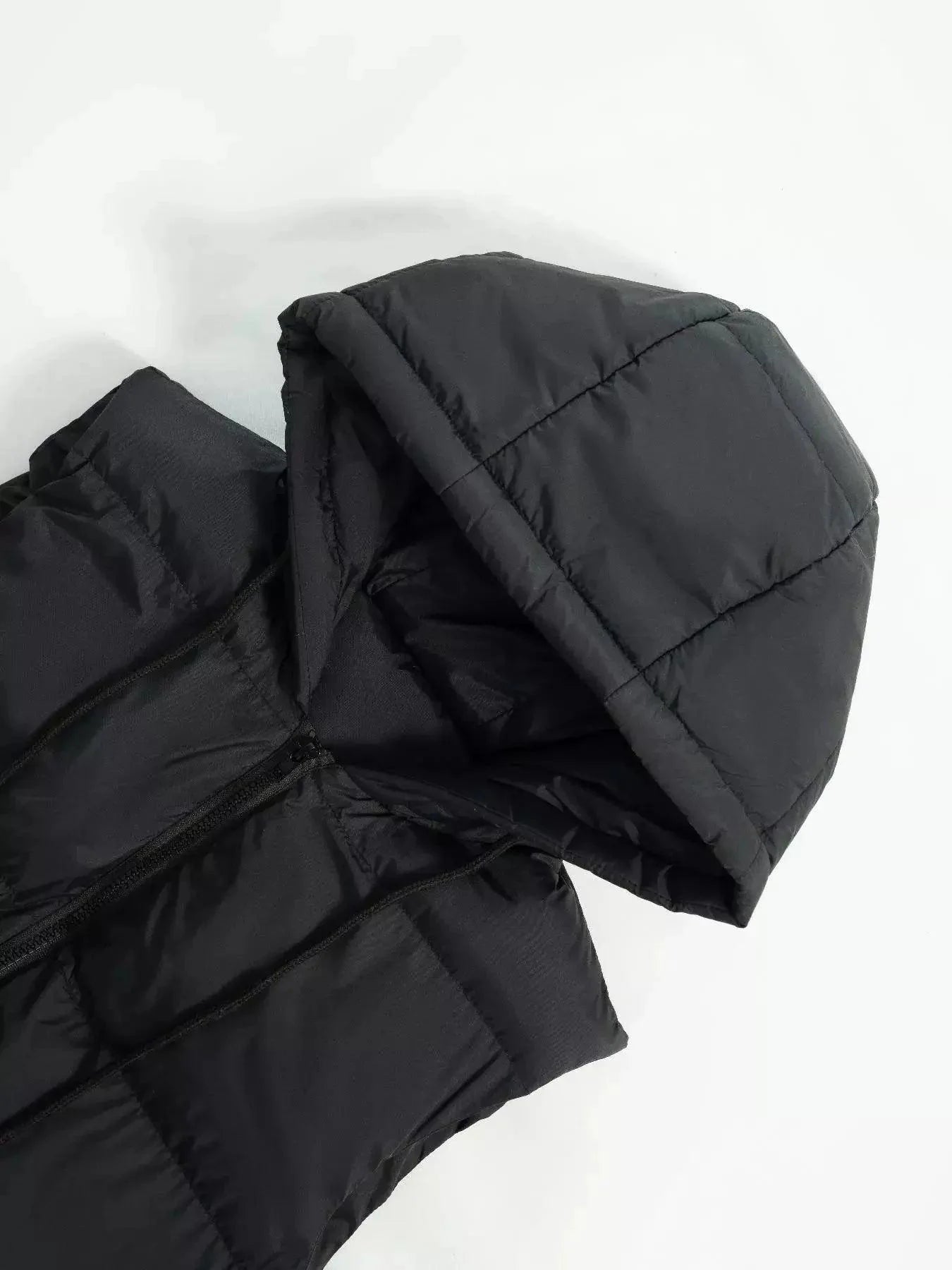 Everly longline padded coat in black apricot — side view