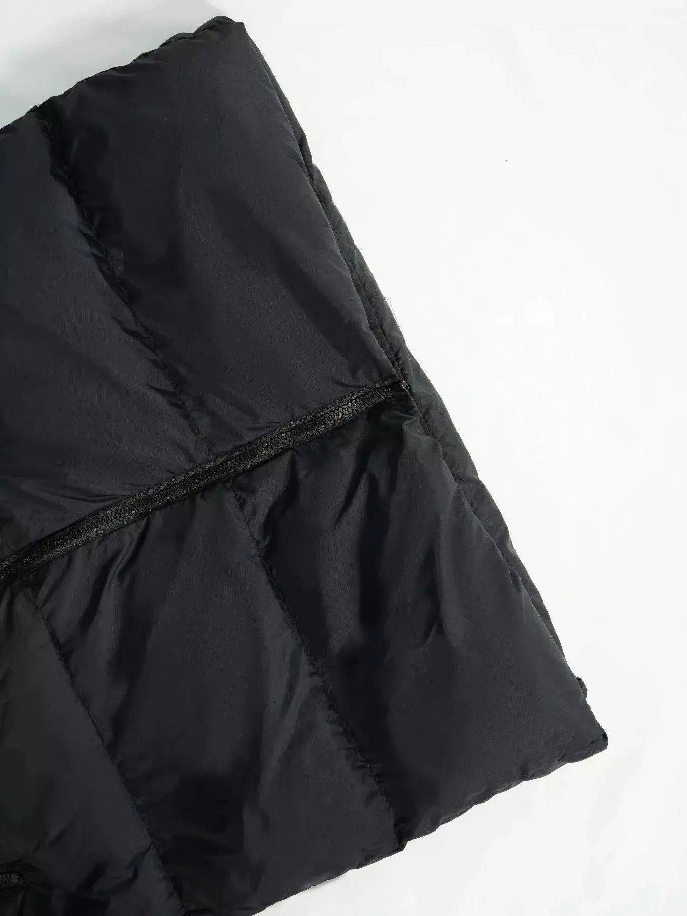 Everly hooded longline vest coat in black apricot — back view