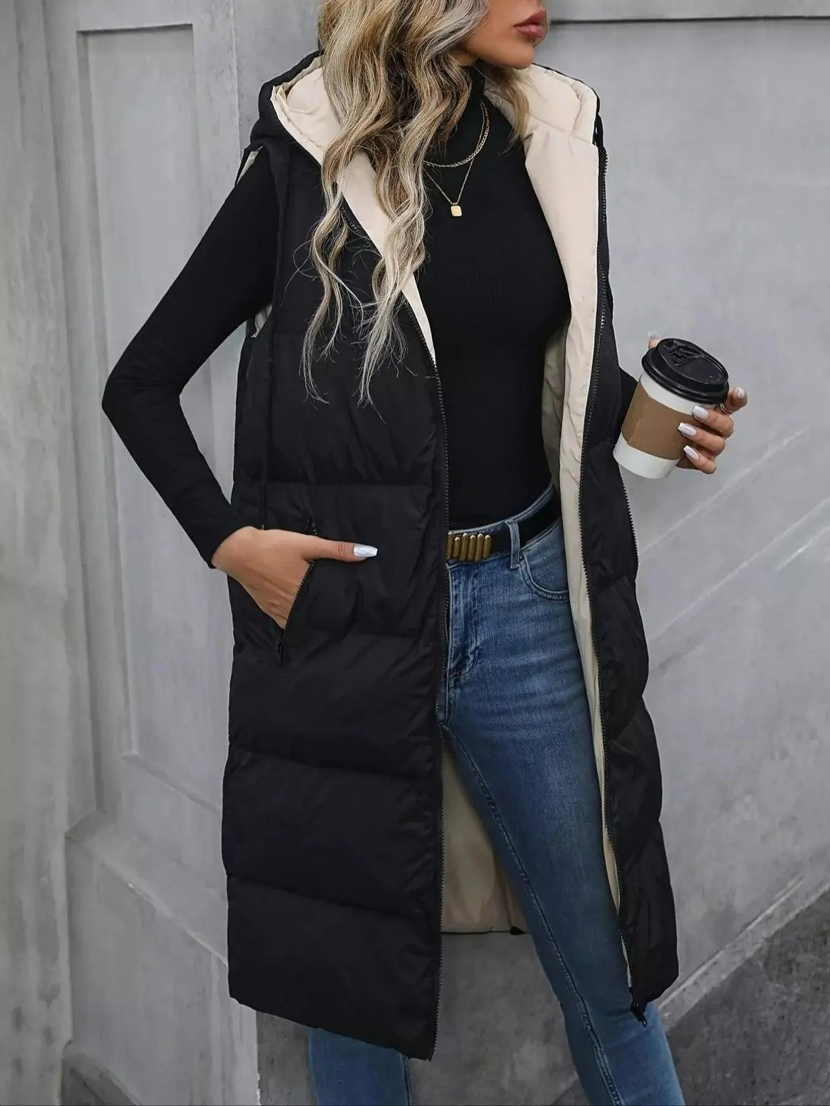 Everly longline padded vest coat in black apricot colourway