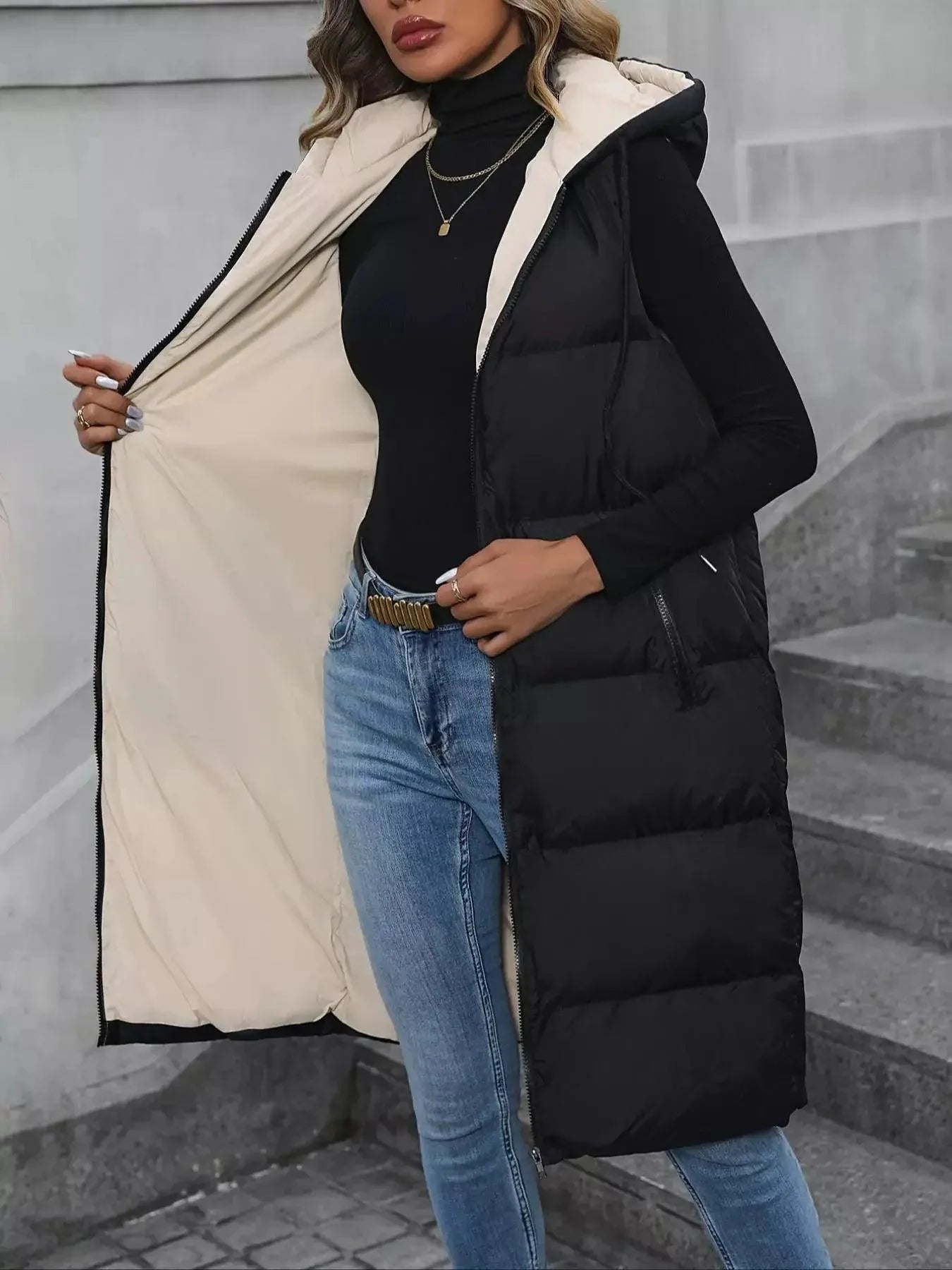 Front view of Everly hooded padded vest coat with zip-up fastening