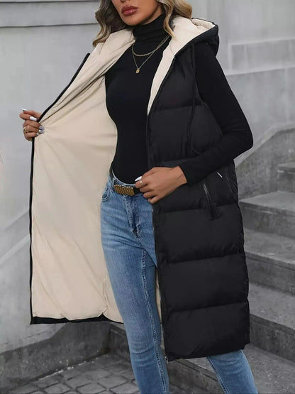 Front view of Everly hooded padded vest coat with zip-up fastening