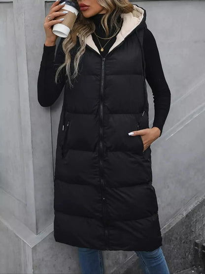 Side profile of Everly longline padded vest coat showing full length