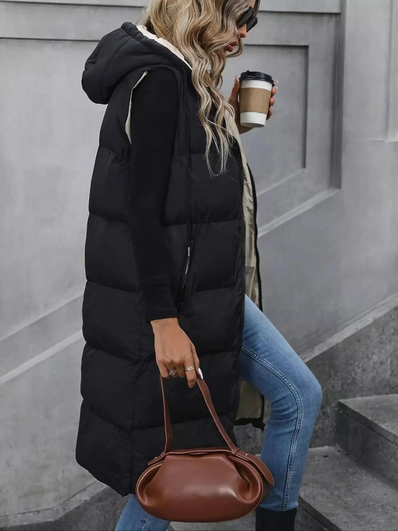 Close-up of hood detail on Everly women's padded vest coat