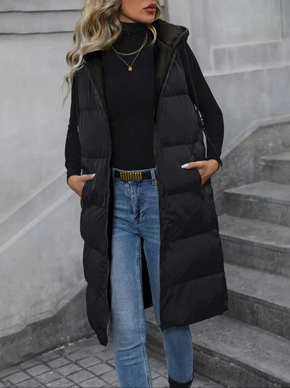 Everly longline vest coat in black apricot — full length front view