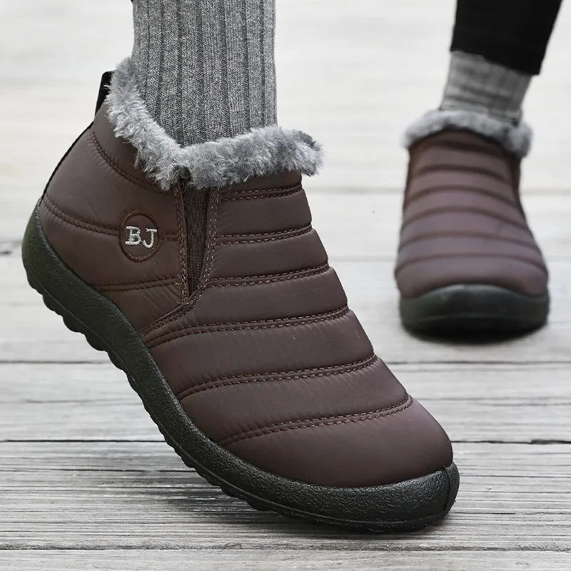 Frostly winter boots pair shown from above displaying faux-fur lining