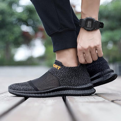 Side view of men's lightweight knit slip-on sneakers in grey
