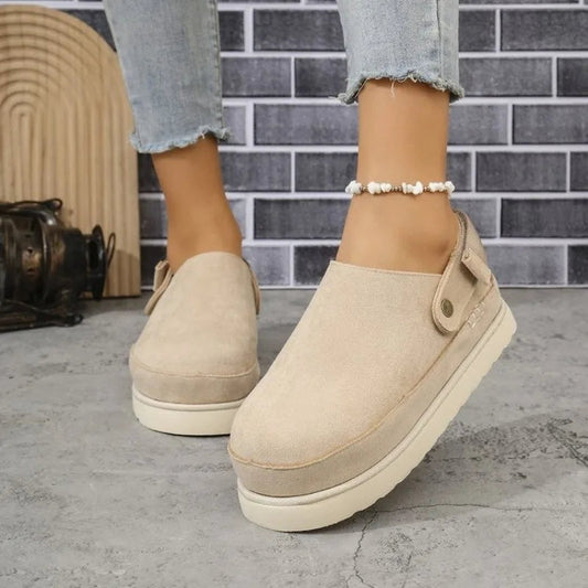 Harlow women's platform clogs in beige with adjustable buckle heel strap