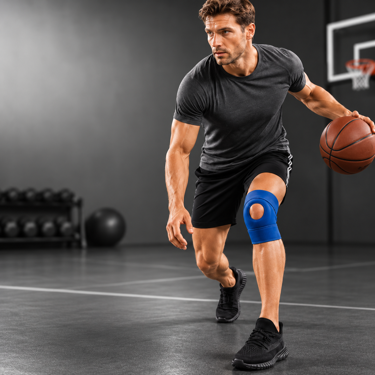 Grey, black and blue colour options of the Knevara adjustable knee brace
