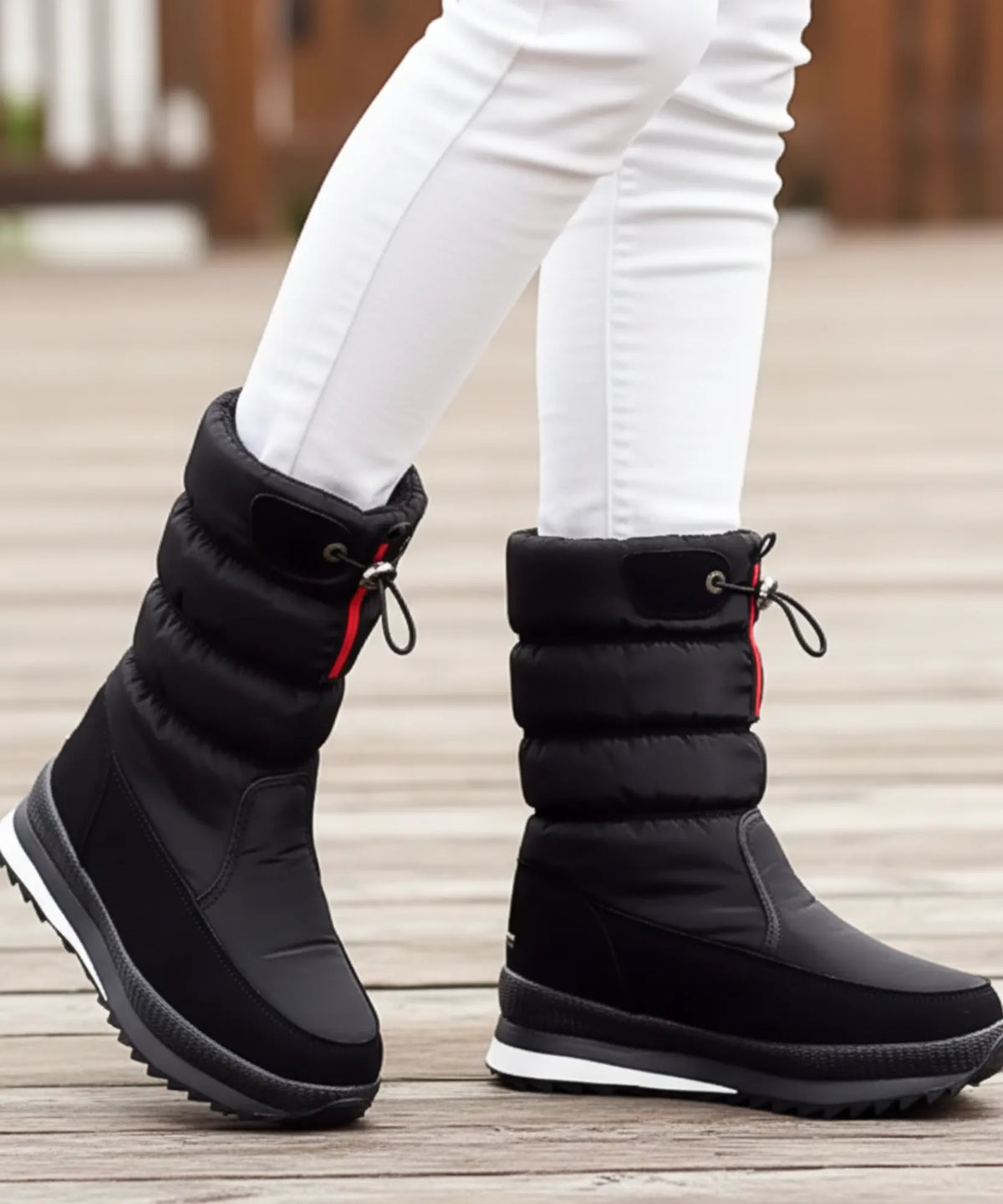 White waterproof puffer snow boots with adjustable drawstring shaft