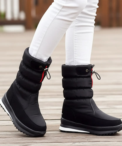 White waterproof puffer snow boots with adjustable drawstring shaft
