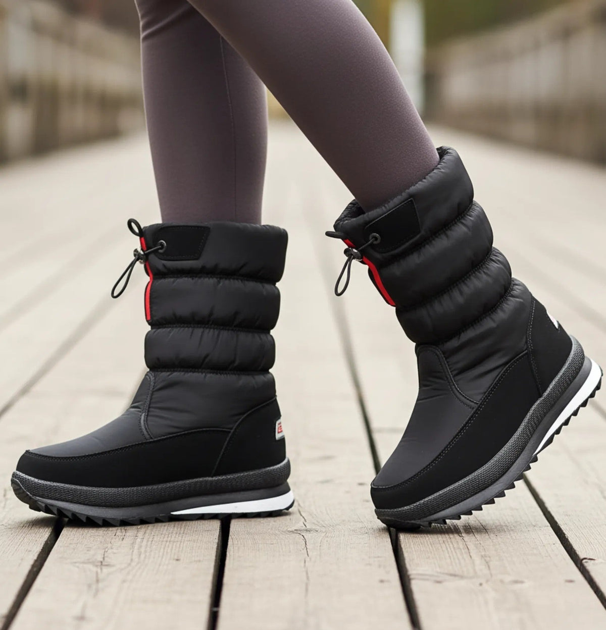 Red waterproof puffer snow boots for women with sherpa lining