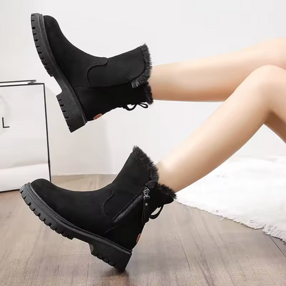 Black waterproof winter boots for women with anti-slip sole