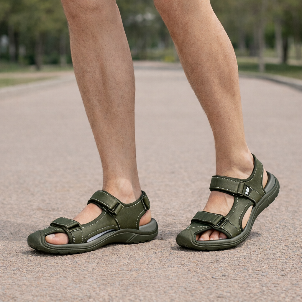 Green men's leather sandals with soft padded insole and non-slip sole