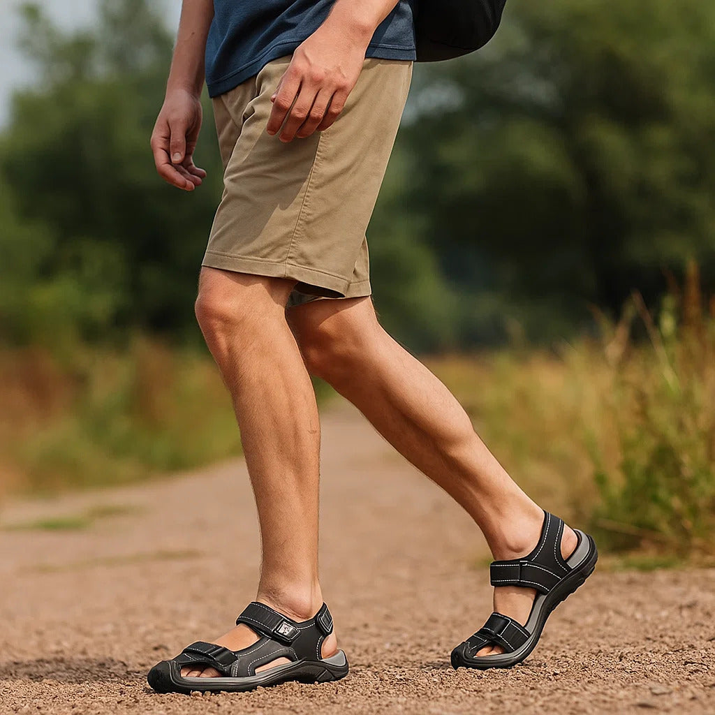 Close-up of EVA non-slip sole on men's leather sandals