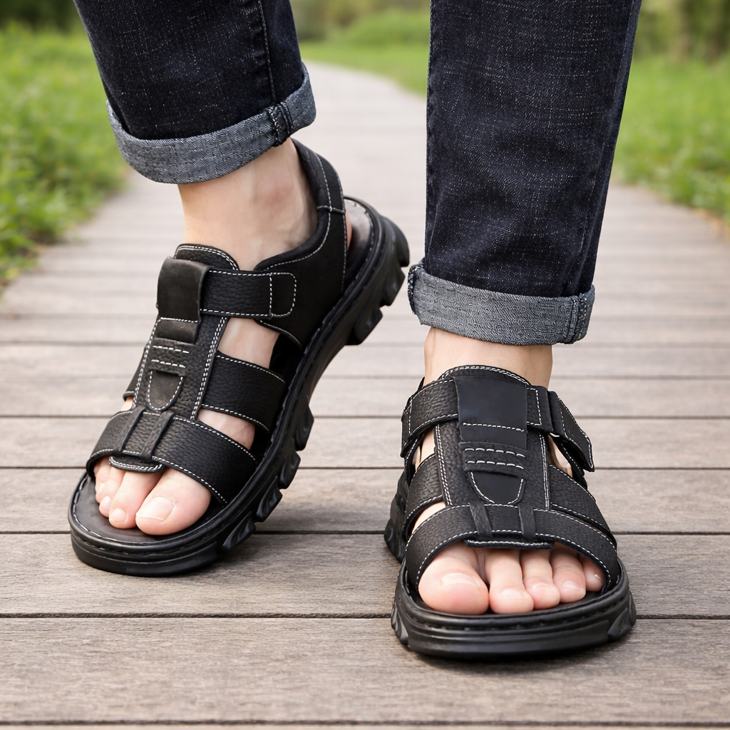 Men's genuine leather sandals with orthopedic massage insole