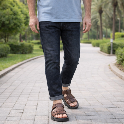 Men's orthopedic leather sandals in brown and black side view
