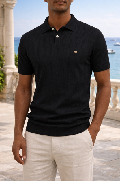 Close-up of ribbed cuffs and hem on men's knit polo shirt in black
