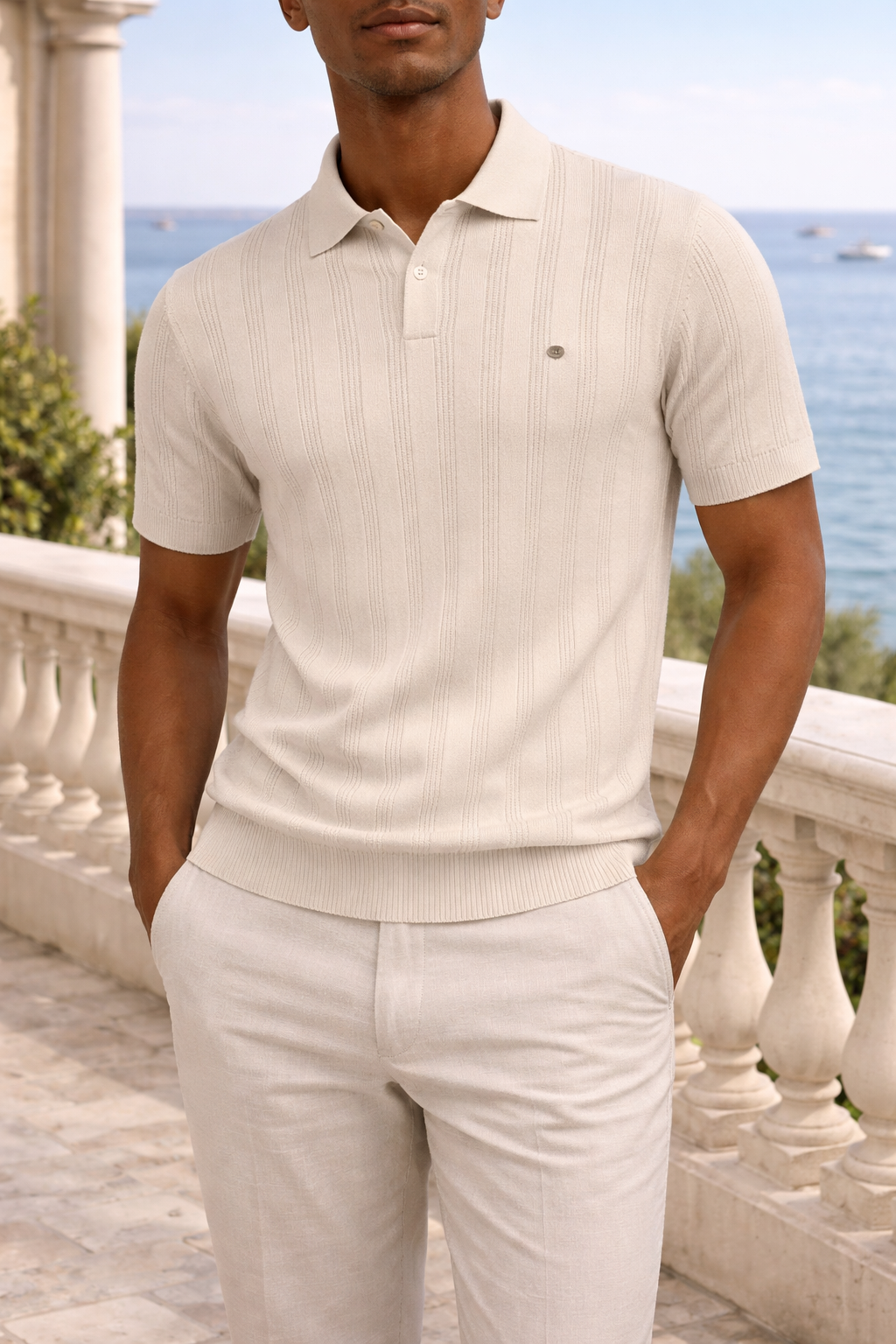 Men's textured polo shirt in beige styled for smart-casual wear