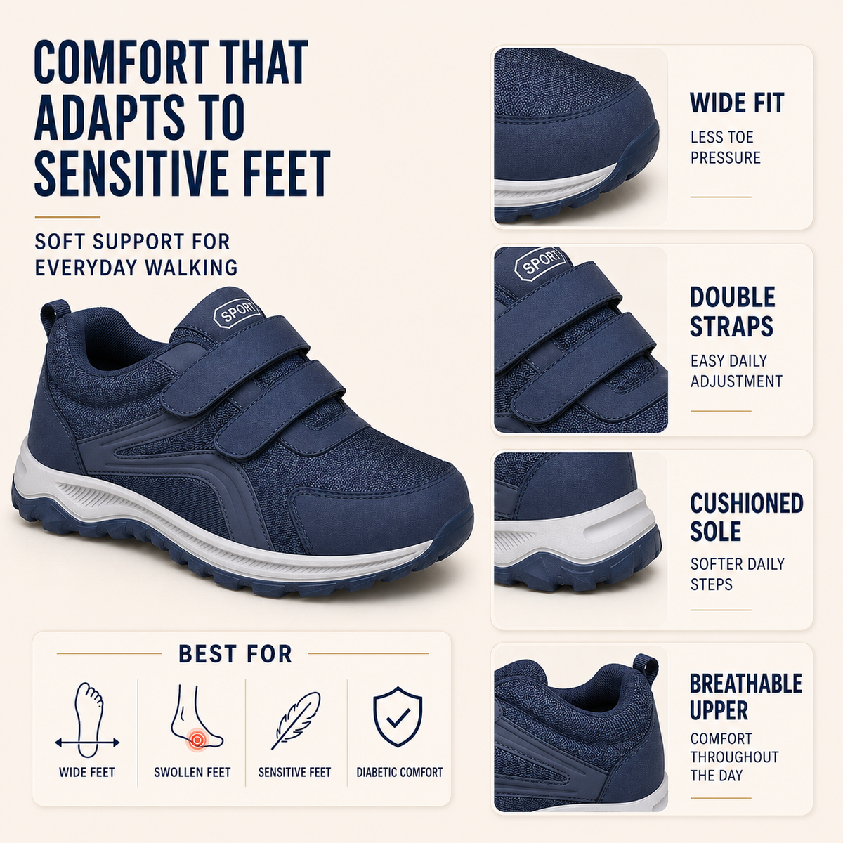 Front view of men's orthopedic trainers showing roomy toe box design
