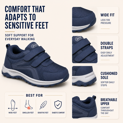 Front view of men's orthopedic trainers showing roomy toe box design