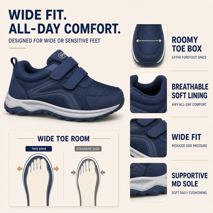 Top-down view of wide-fit orthopedic trainers with adjustable velcro straps