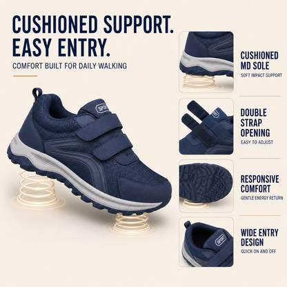 Close-up of double hook-and-loop strap closure on men's walking trainers